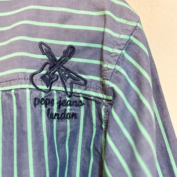 Vintage Pepe Jeans Purple Cotton Button Up Dress Shirt Green Stripes - Picture 13 of 15